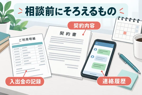 相談前にそろえるもの：契約内容・入出金の記録・連絡履歴